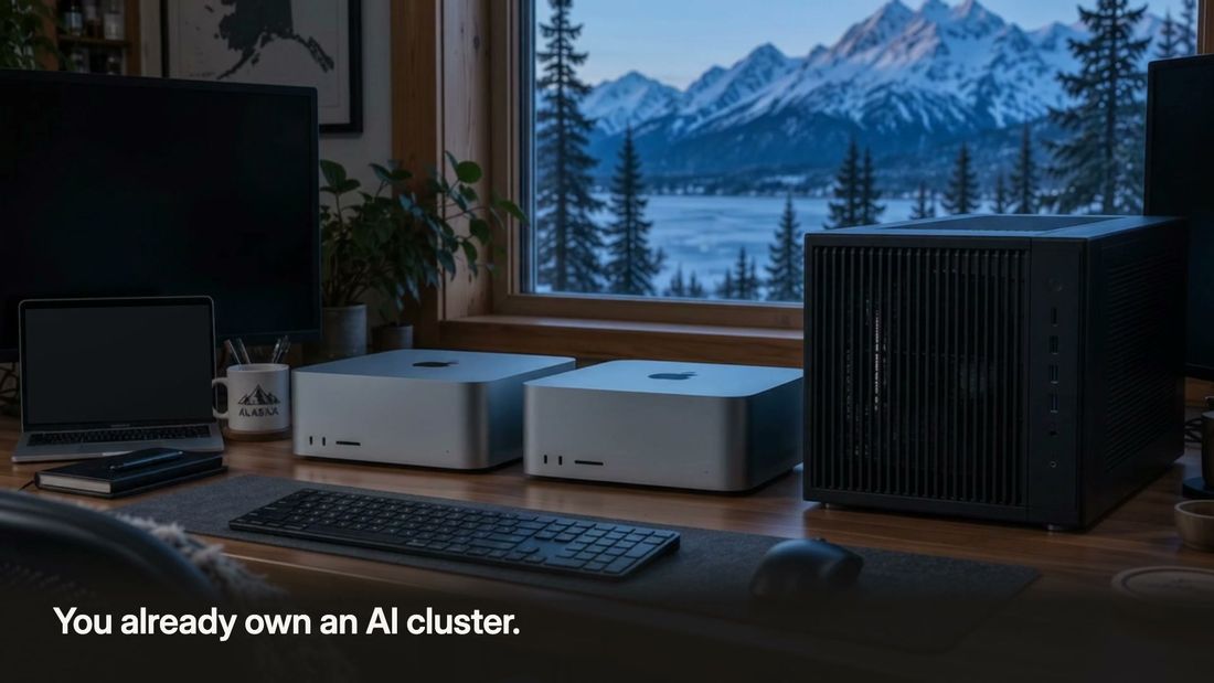 A home office with two Mac Studios and a tower PC by a window, captioned: You already own an AI cluster.